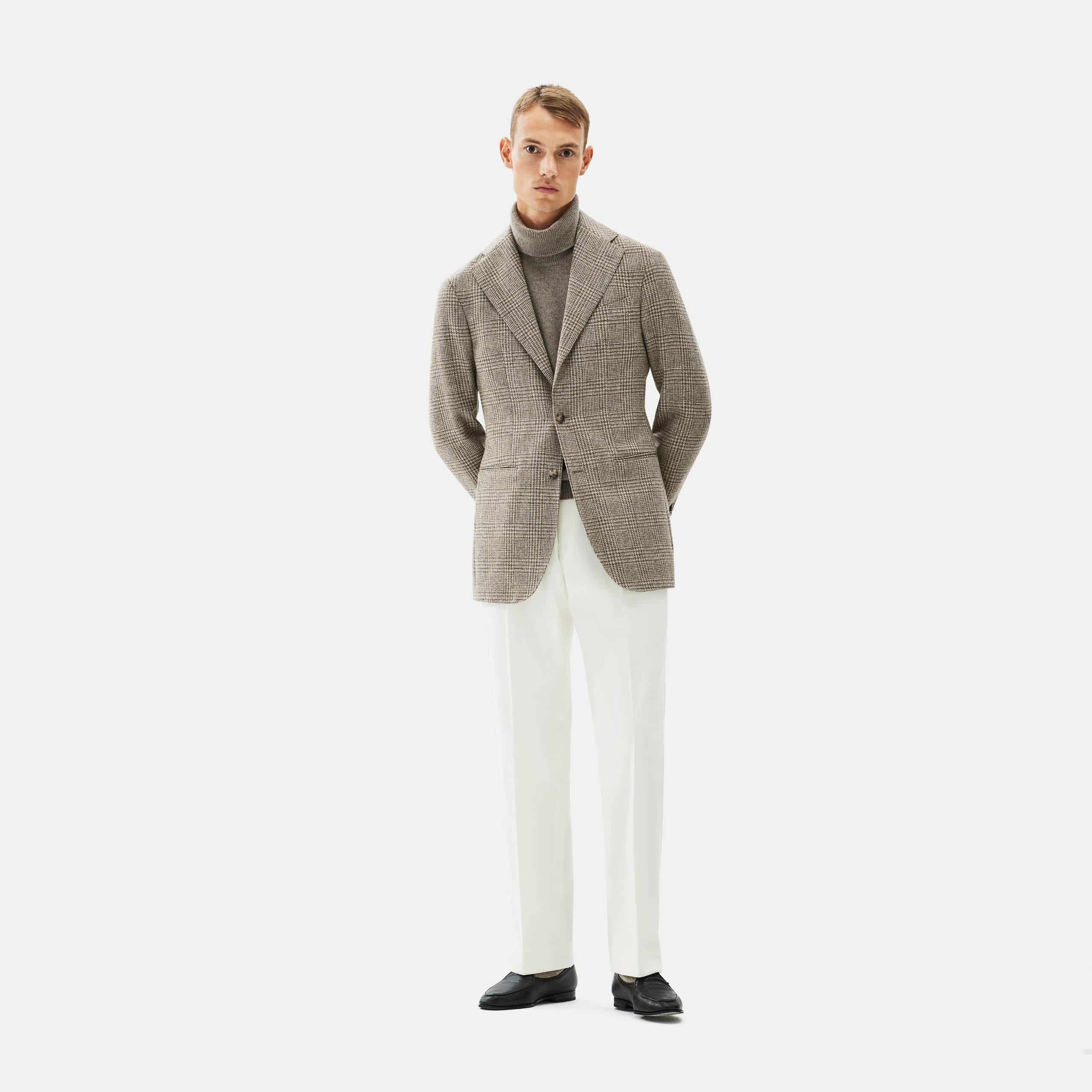 Custom Made Jacket beige brown undyed prince of wales check wool